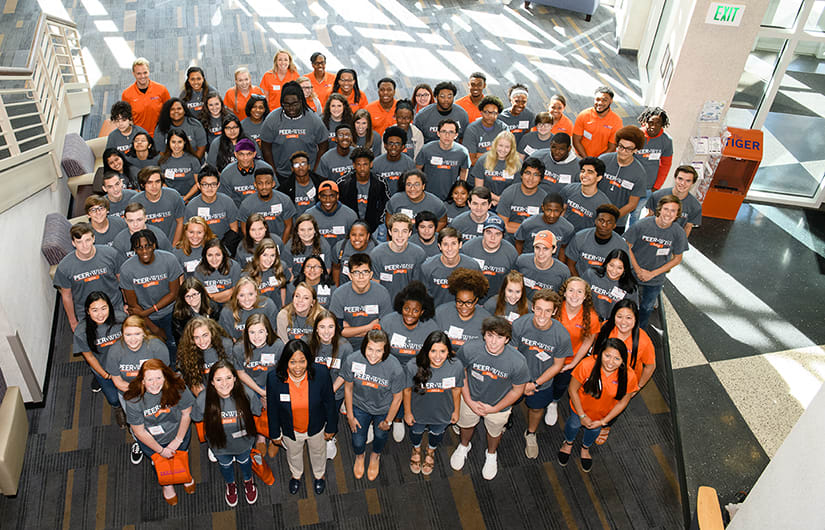 Members of the Residents in Science and Engineering Living-Learning Community pose as a group.