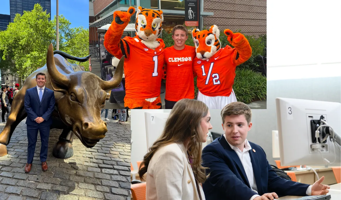 A composite image of a male student with images of him in a suit in front of the bronze Charging Bull sculpture in the Financial District in Manhattan, New York City, wearing an orange Clemson T-shirt while standing between the Tiger and Cub Clemson mascots outside of a brick building with glass windows and him sitting with a female student wearing a cream-colored tweed blazer at a table in front of a computer monitor and keyboard.